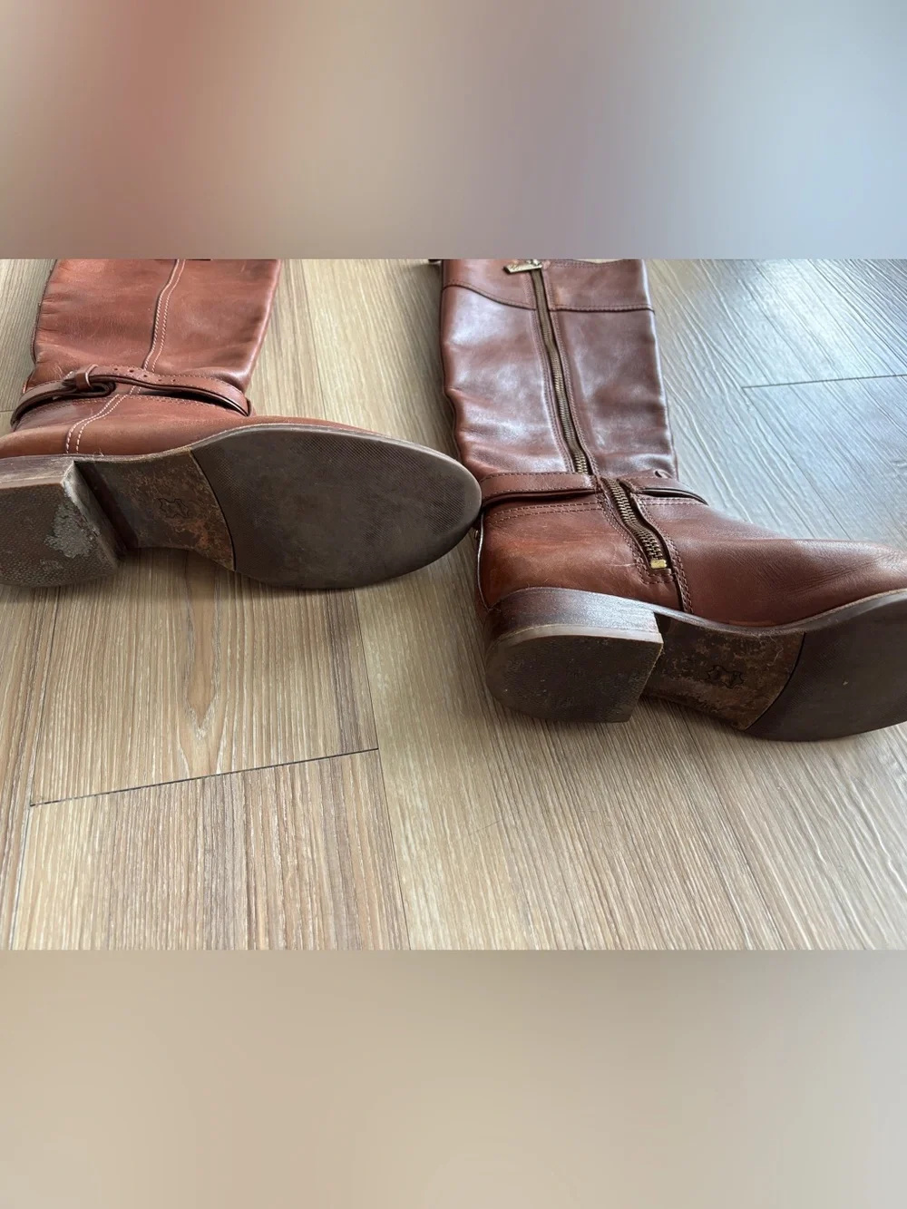 Tory Burch Riding Boots Brown Leather Logo Womens US 7.5 Classic Cowgirl Preppy